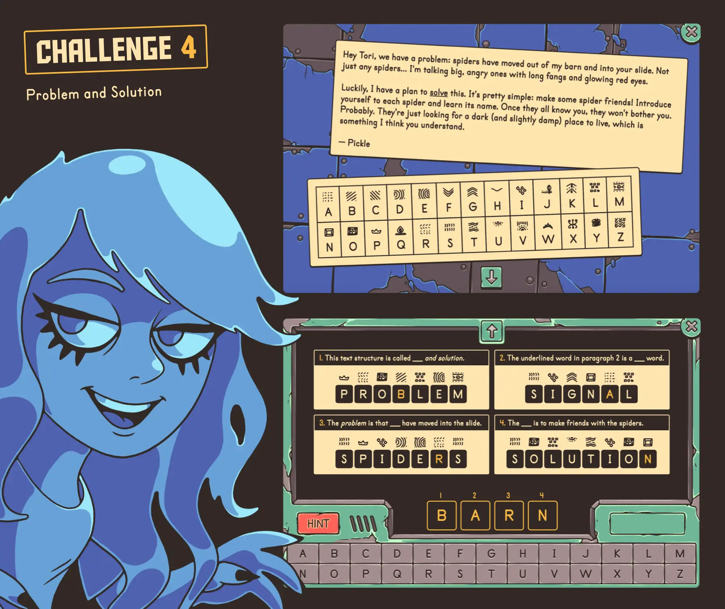Virtual problem and solution text structures game for 4th and 5th grade, with a cryptogram section.
