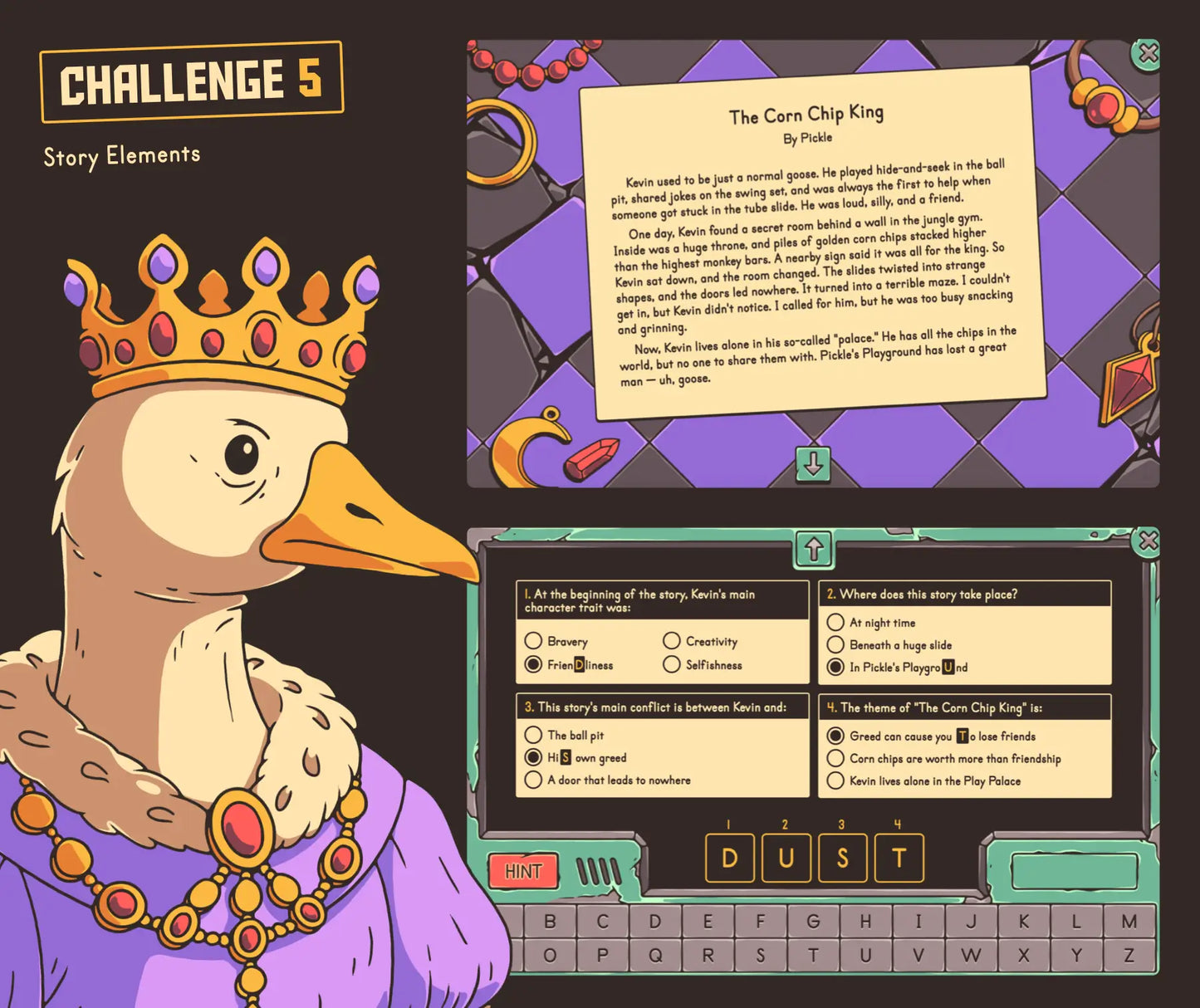 Virtual 4th grade story elements game with a short story and multiple choice quiz.