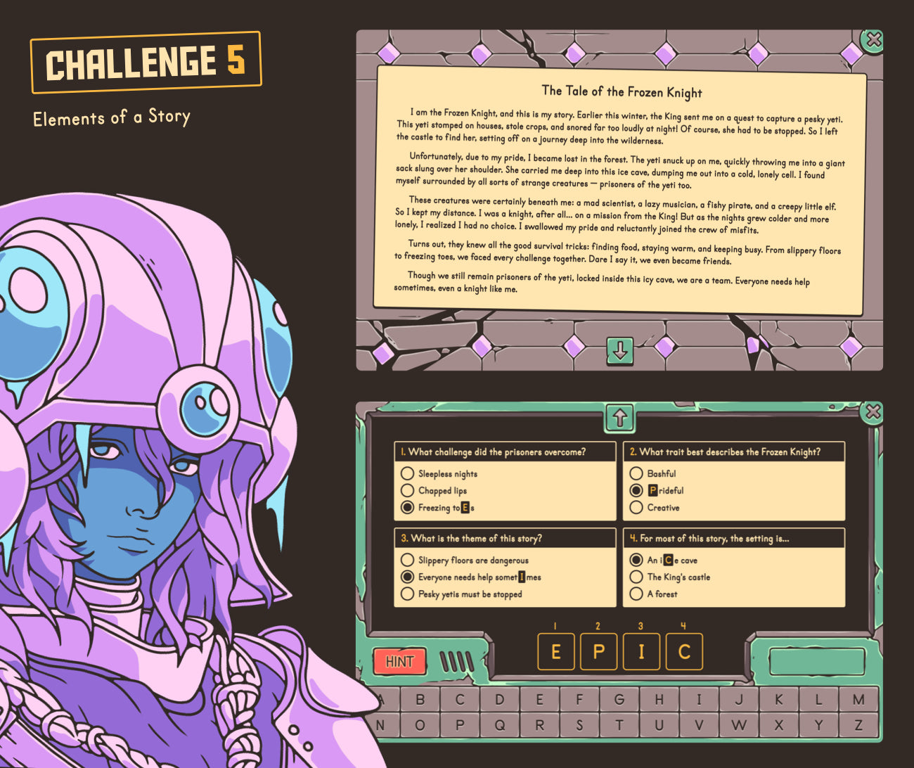 Digital elements of a story game with a holiday-themed short story and multiple-choice answer section.