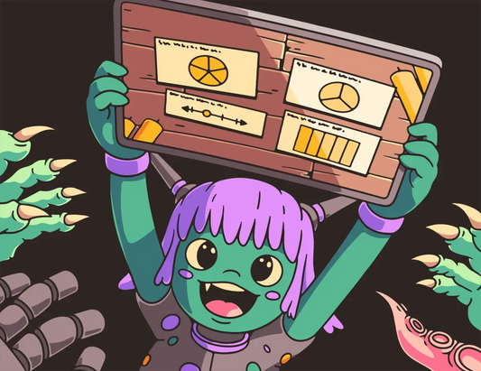 Dingo Punks character Topsy holding an iPad, depicting a math escape room with fractions of shapes.