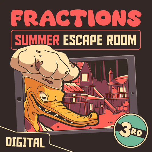 Digital summer escape room covering 3rd grade fractions, titled "Puzzle Punks: Camp Calamari."