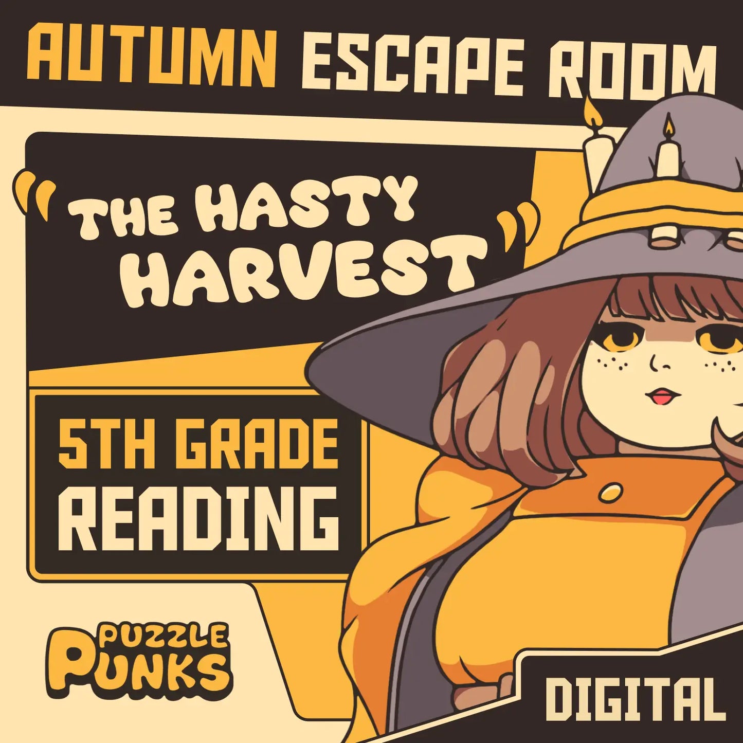 Cover image for "Puzzle Punks: The Hasty Harvest" — a 5th grade fall reading comprehension escape room for digital devices.