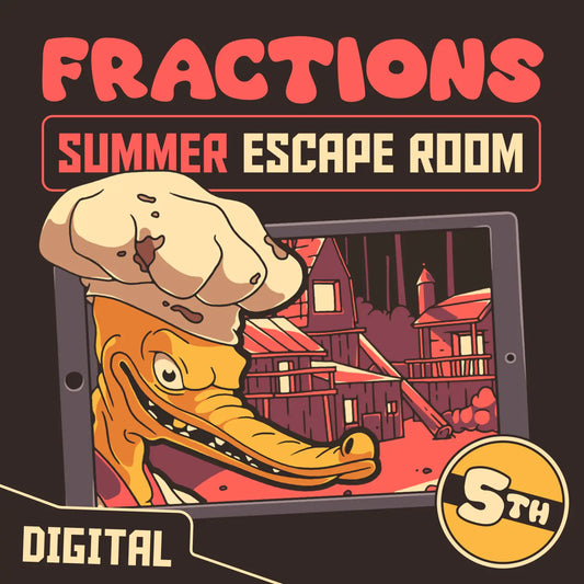Digital summer escape room covering 5th grade fractions, titled "Puzzle Punks: Camp Calamari."