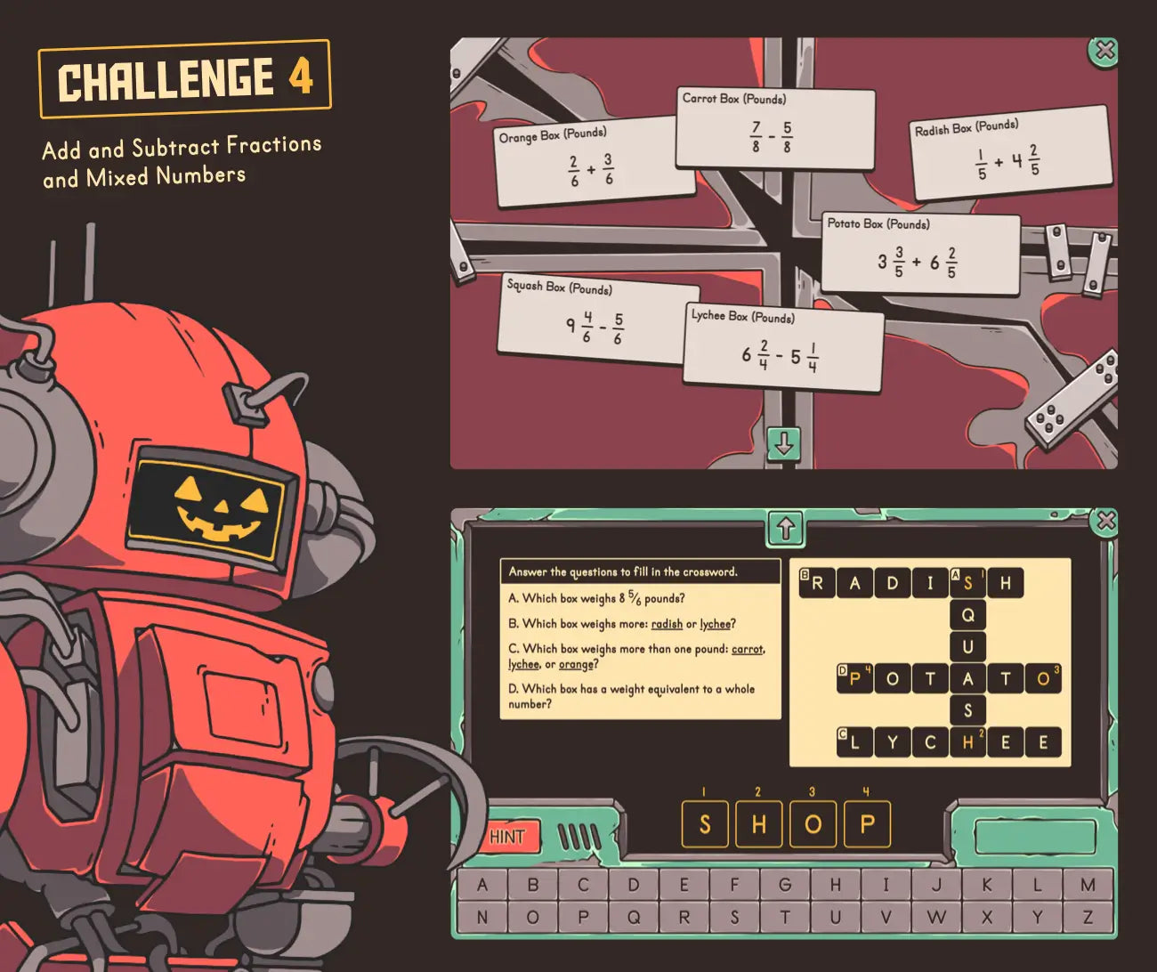 Digital fall adding and subtracting fractions and mixed numbers game for kids.