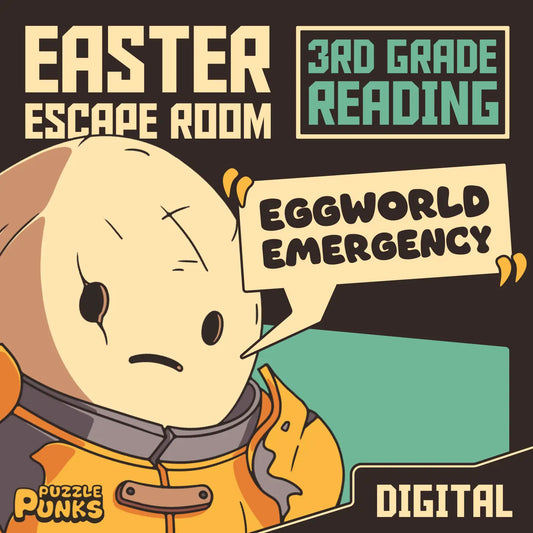 3rd grade reading comprehension digital escape room with an Easter theme, titled "Puzzle Punks: Eggworld Emergency."