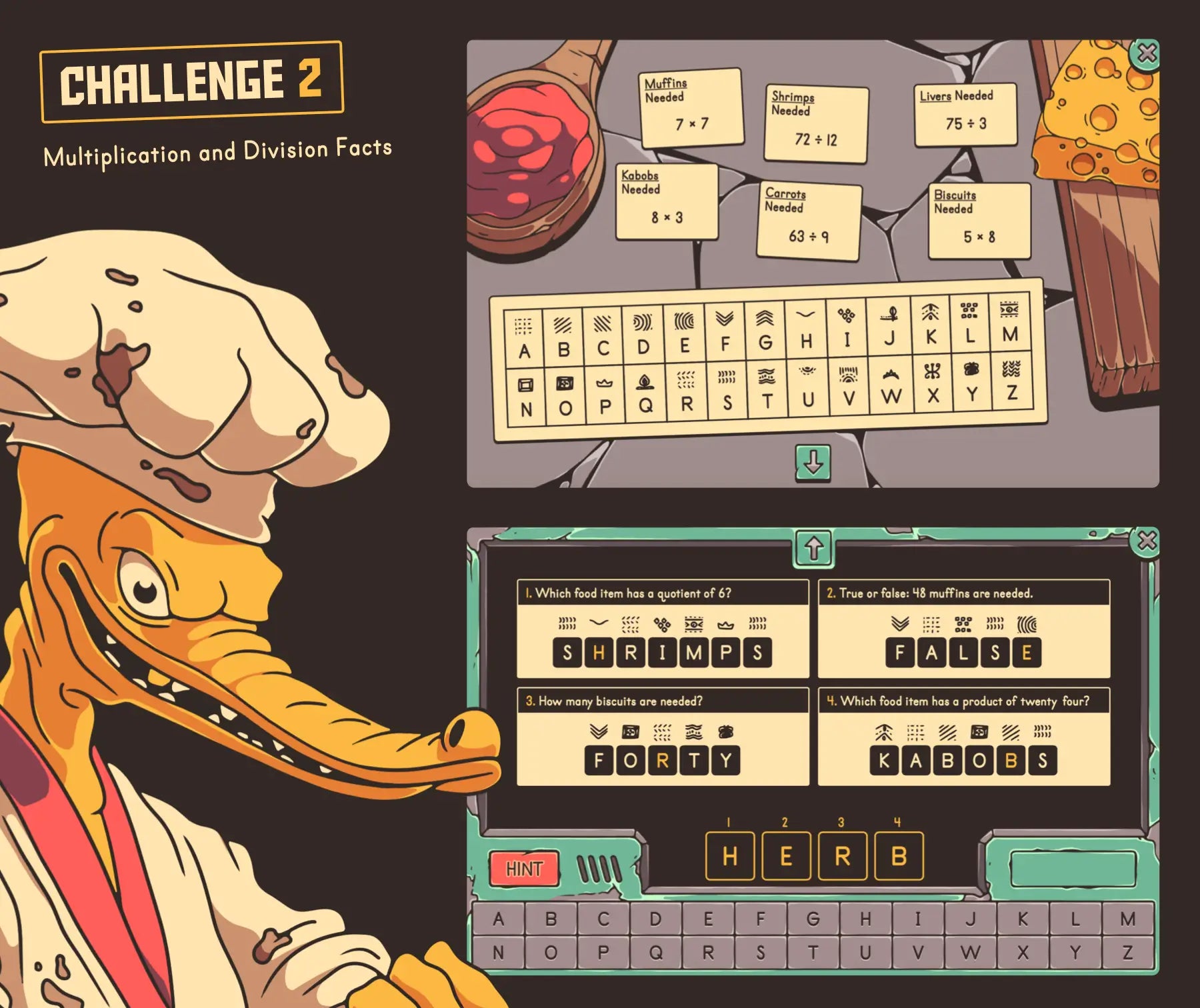 Online multiplication and division facts game with a summer theme and a cryptogram section.