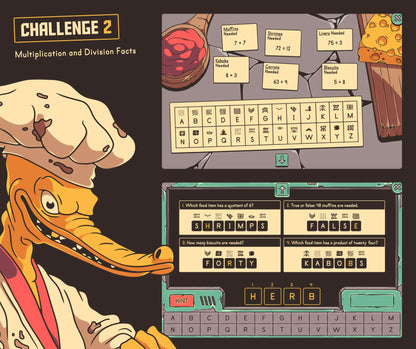 Online multiplication and division facts game with a summer theme and a cryptogram section.