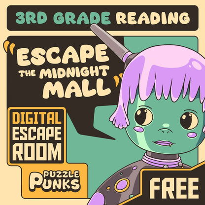 Cover image for the free 3rd grade reading escape room: "Puzzle Punks: Escape The Midnight Mall"