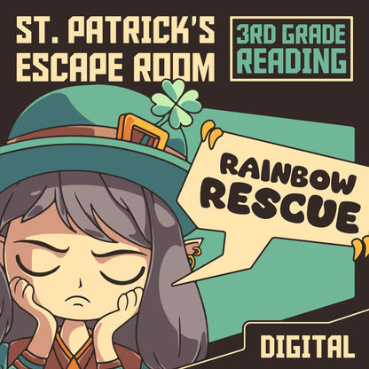 Digital St. Patrick's Day escape room for 3rd grade reading comprehension, titled "Dingo Punks: Rainbow Rescue."