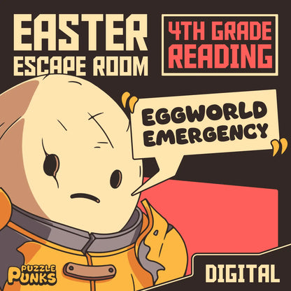 4th grade reading comprehension digital escape room with an Easter theme, titled "Puzzle Punks: Eggworld Emergency."