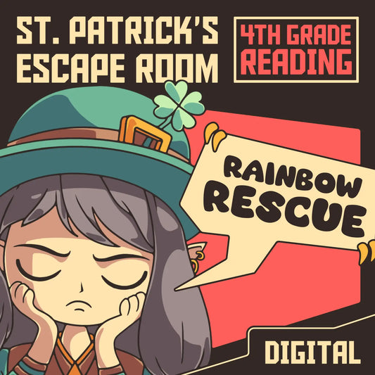 Digital St. Patrick's Day escape room for 4th grade reading comprehension, titled "Dingo Punks: Rainbow Rescue."
