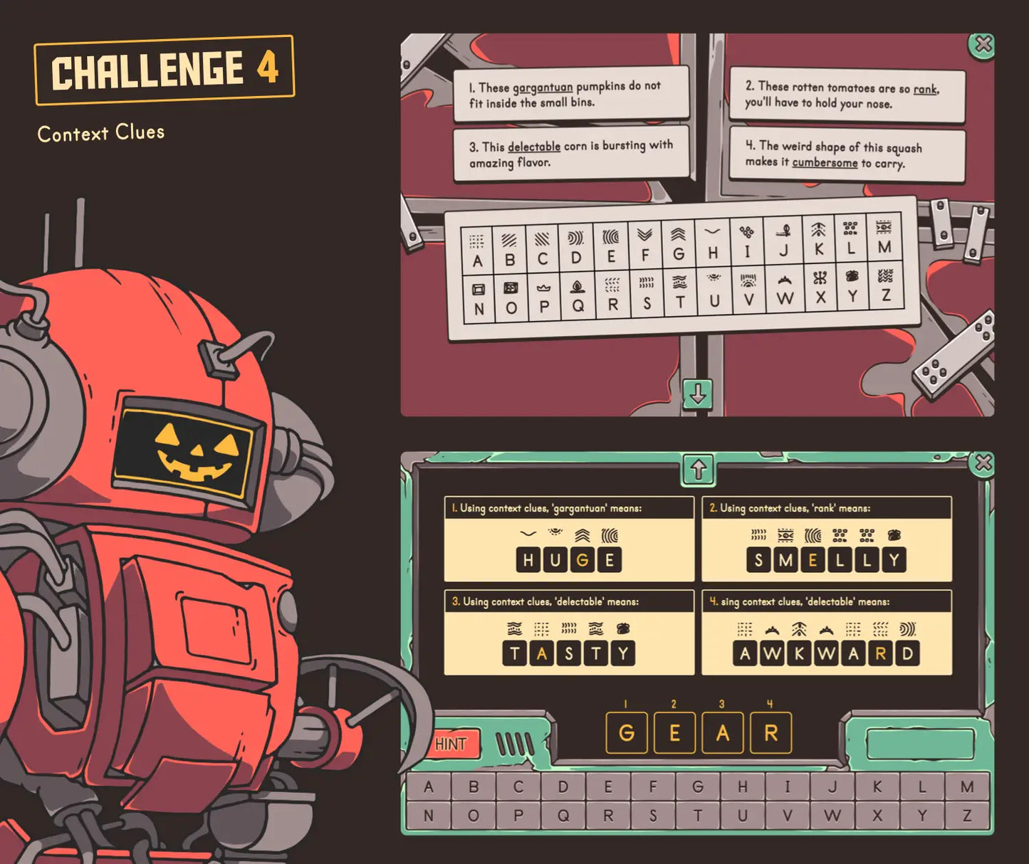 Digital autumn reading game focused on defining 4th grade vocabulary words via context clues.