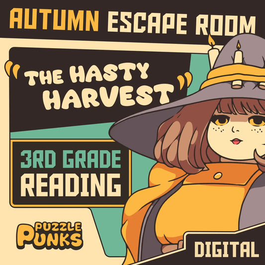 Cover image for "Puzzle Punks: The Hasty Harvest" — a 3rd grade fall reading comprehension escape room for digital devices.