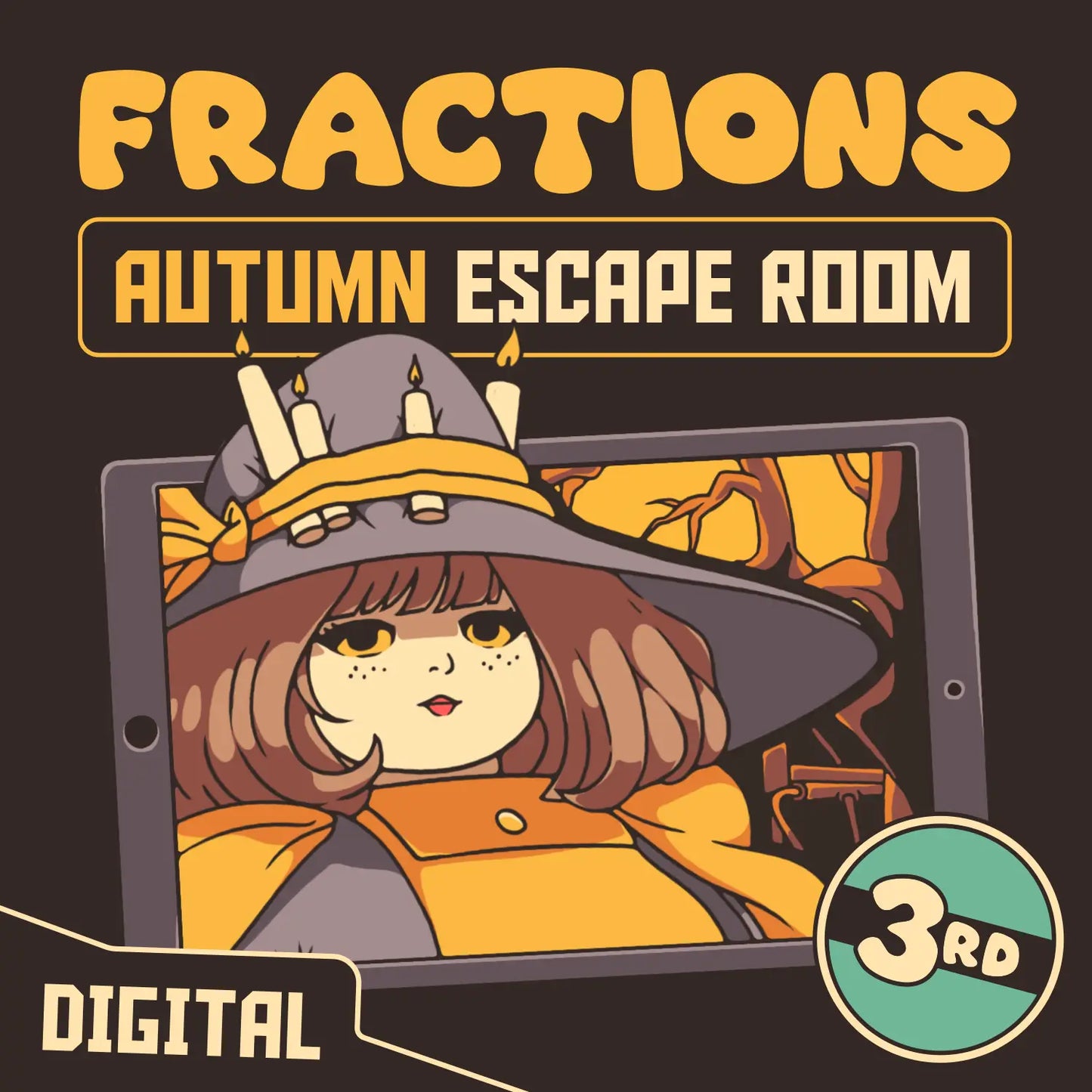 Cover for a digital autumn-themed 3rd grade fractions escape room titled "Puzzle Punks: The Hasty Harvest."