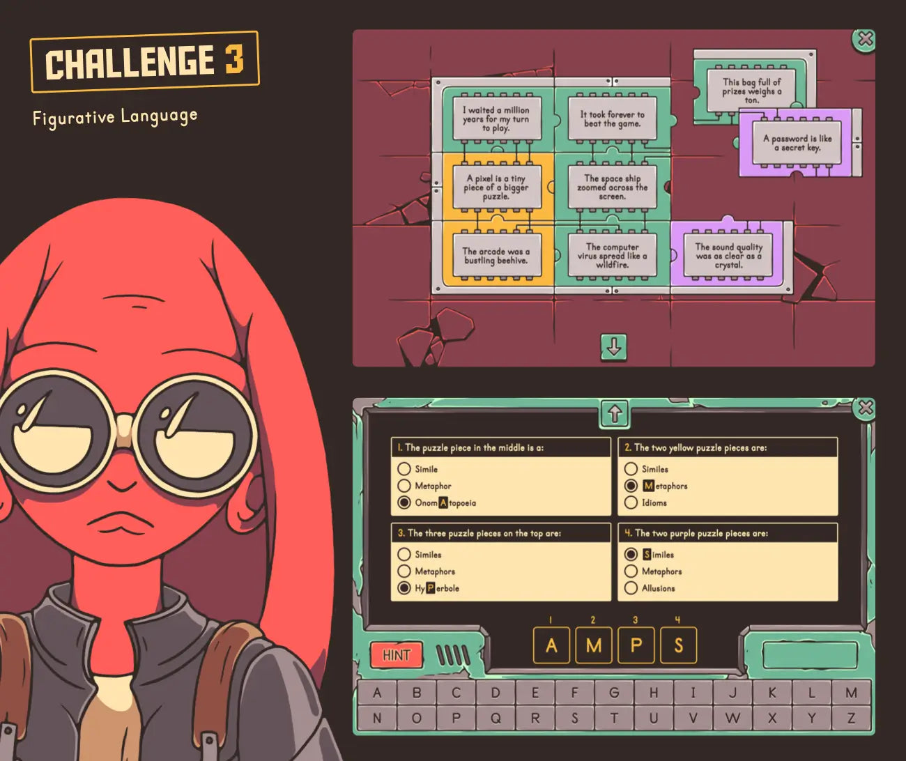 Digital figurative language activity with a puzzle and multiple-choice section.
