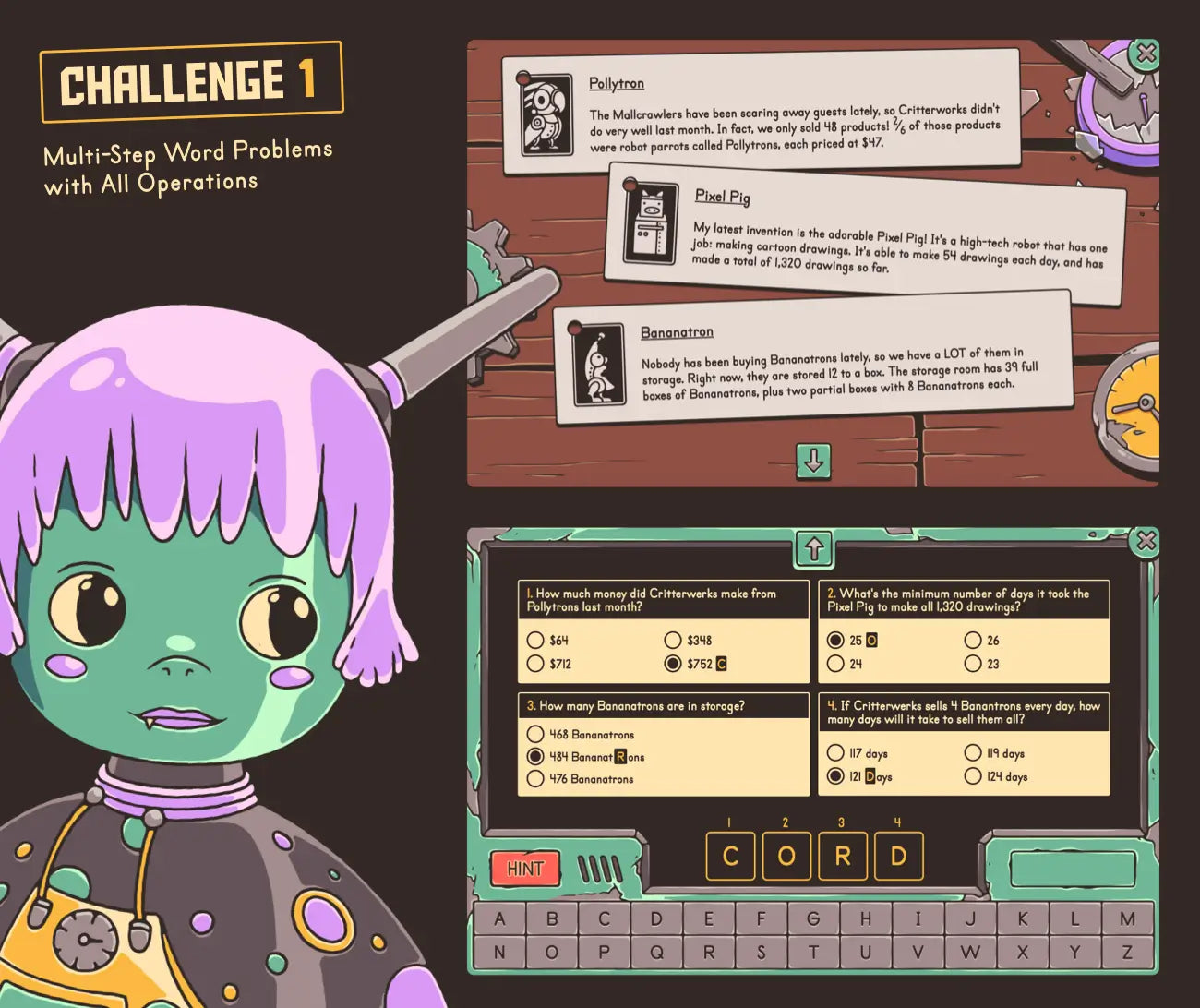 Digital multi-step word problems with all operations activity with a multiple-choice section.