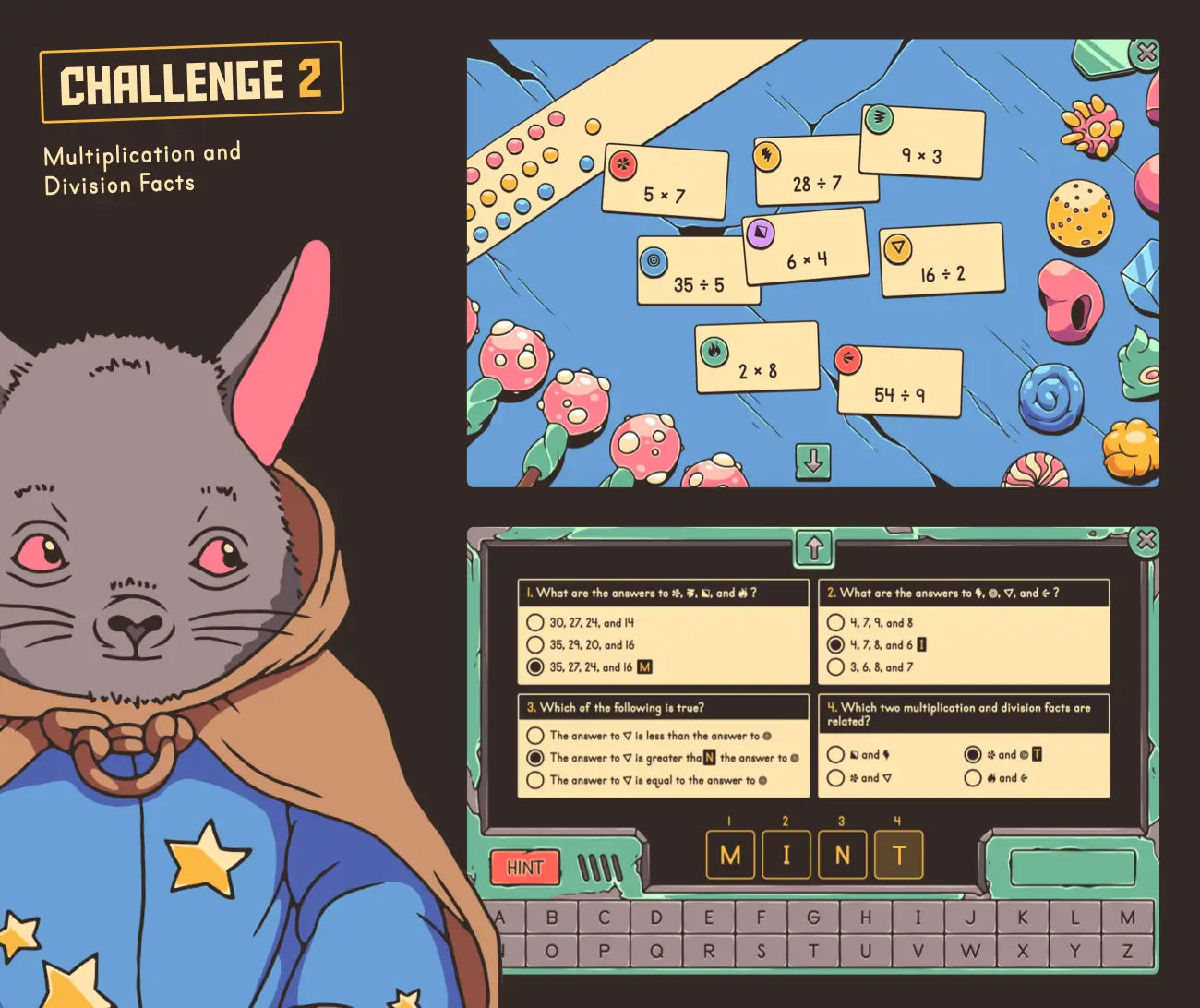 Digital multiplication and division facts activity with a multiple-choice section.