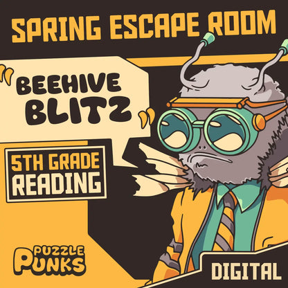 Digital spring escape room for 5th grade reading comprehension, titled "Puzzle Punks: Beehive Blitz."