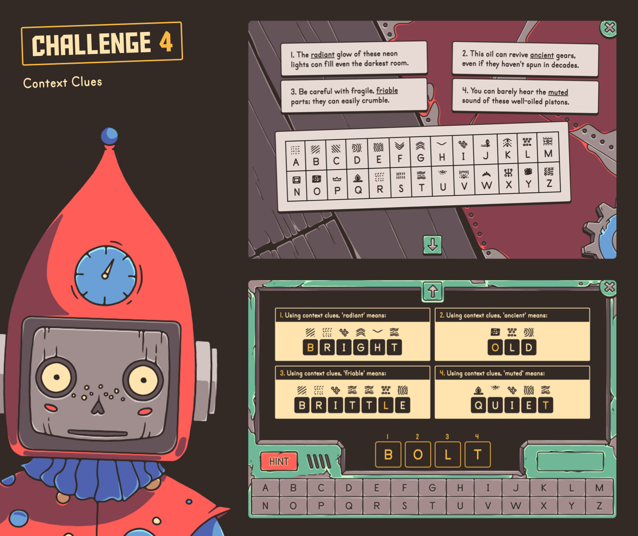 Virtual context clues game with winter vocabulary passages and a cryptogram answer section.