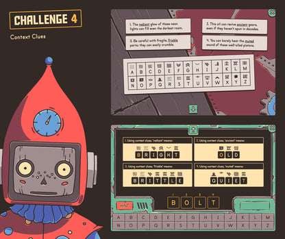 Virtual context clues game with winter vocabulary passages and a cryptogram answer section.