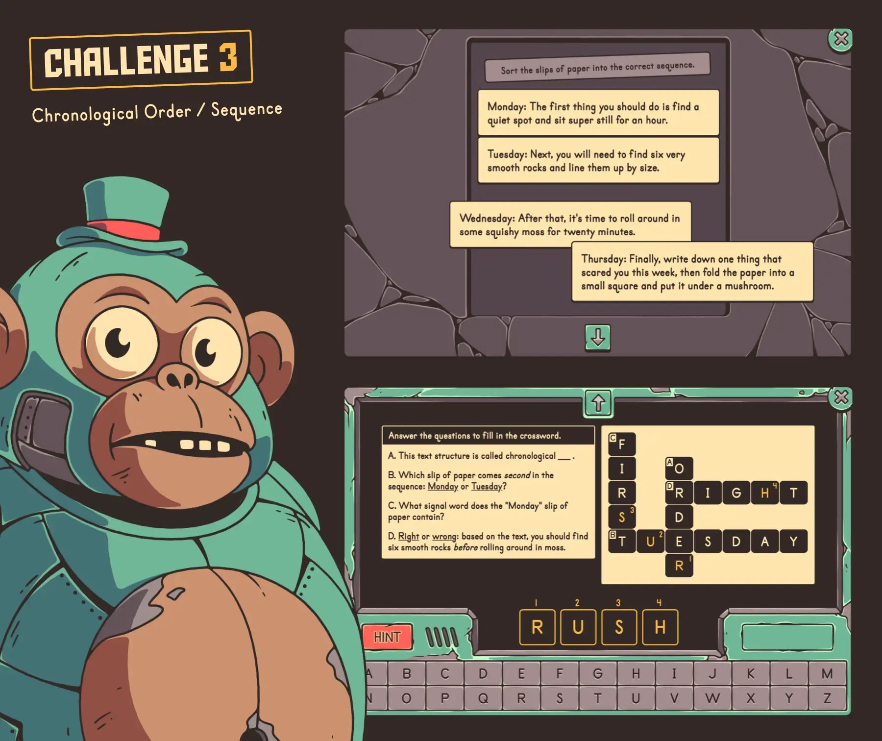 Digital text structures escape room challenge for reviewing chronological order and sequence.