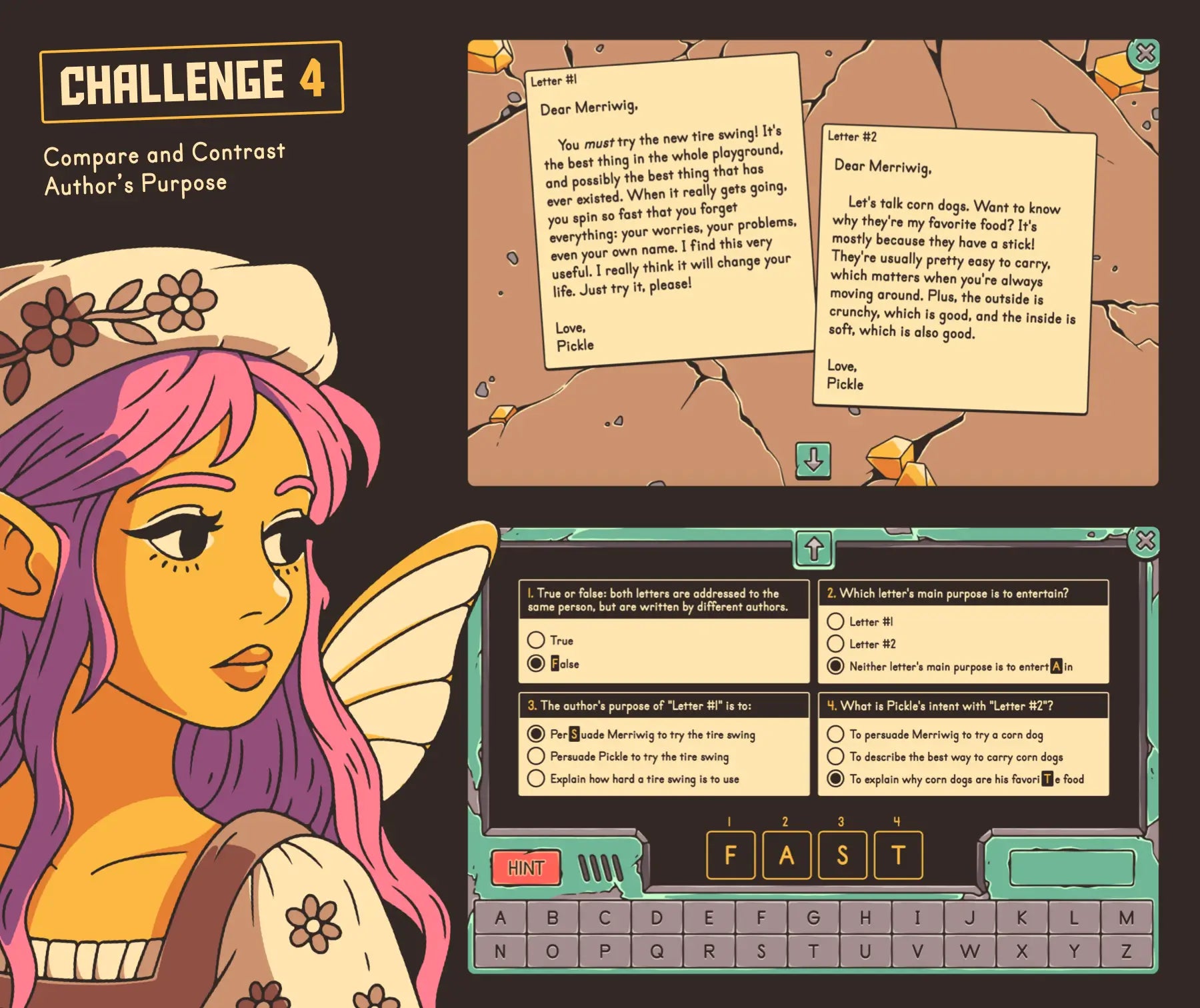 Virtual compare and contrast author's purpose game for 4th and 5th grade, with a multiple-choice quiz.