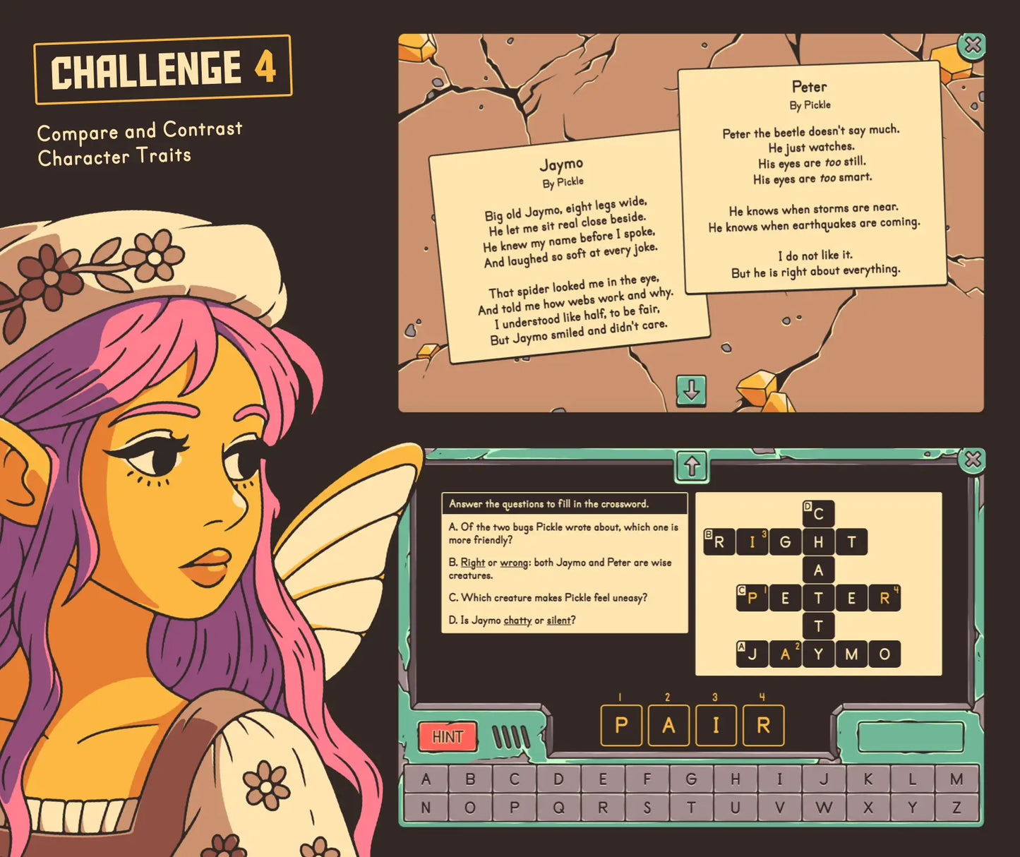 Virtual compare and contrast character traits game for 4th and 5th grade, with a crossword puzzle.