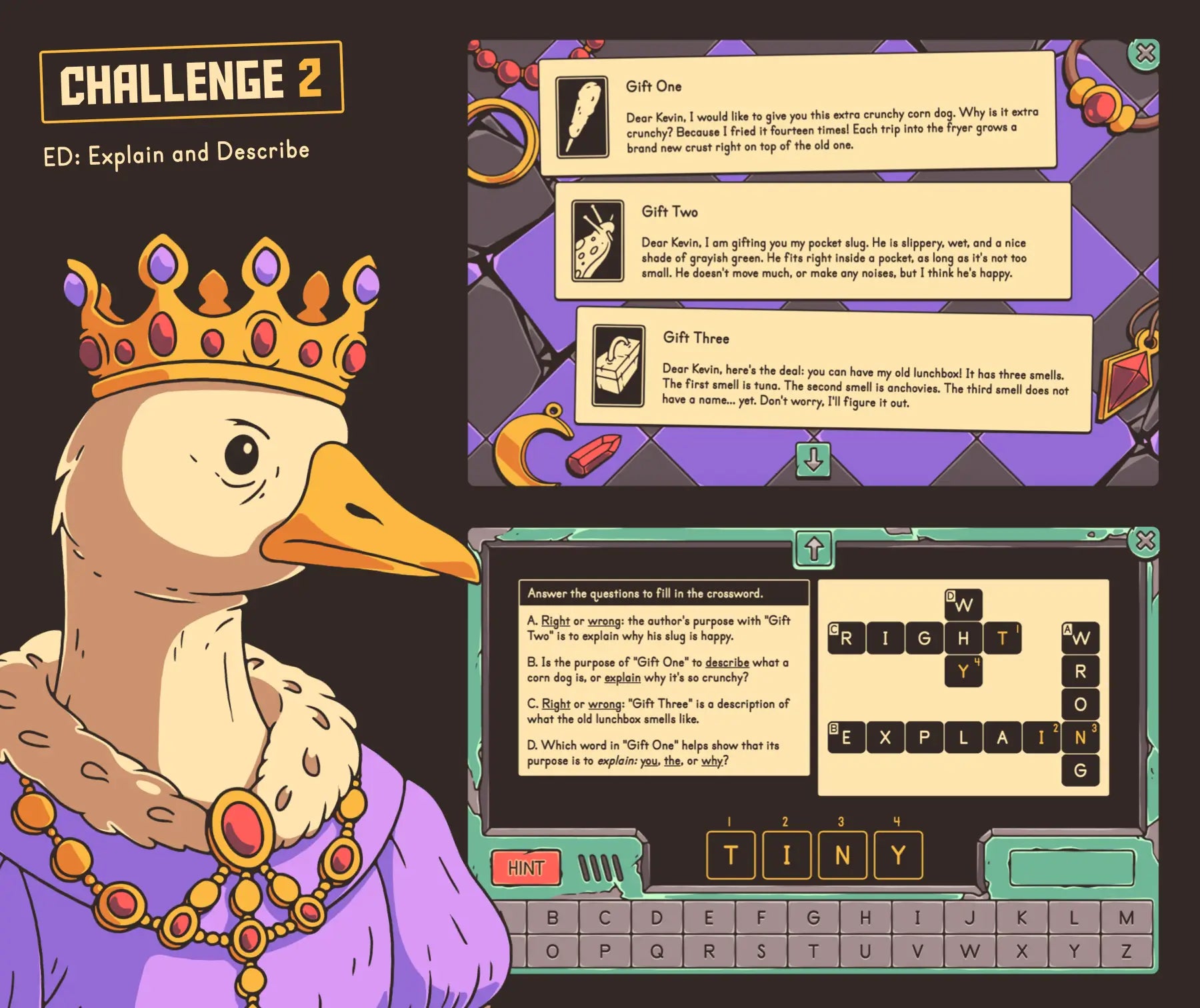Online "ED: explain and describe" reading game for 4th and 5th grade author's purpose.
