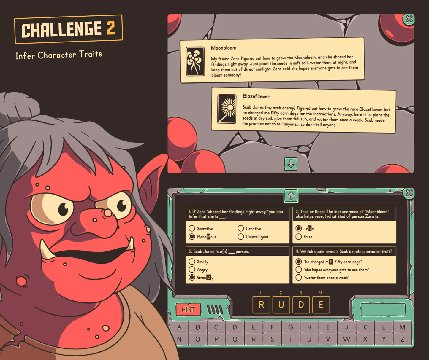 Online "infer character traits" review game for 4th and 5th grade reading comprehension.