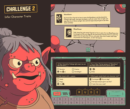 Online "infer character traits" review game for 4th and 5th grade reading comprehension.
