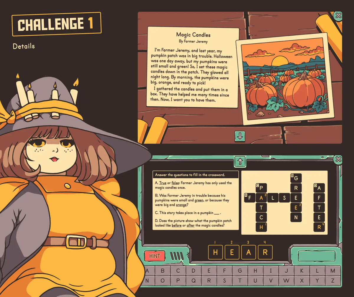 Fall story elements game focused on narrative details and events, with a short passage and crossword puzzle.