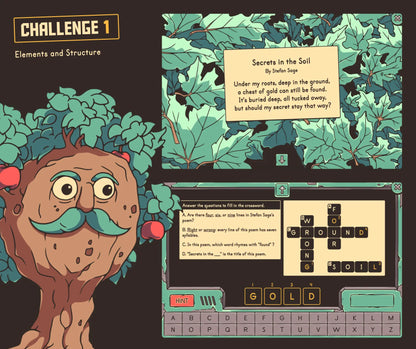 Fall poetry game focused on poetic elements and structure, with a short lyrical poem and crossword puzzle.