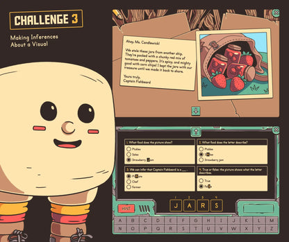 Online making inferences review activity, focused on comparing a short passage with an illustration, with a cozy fall theme.