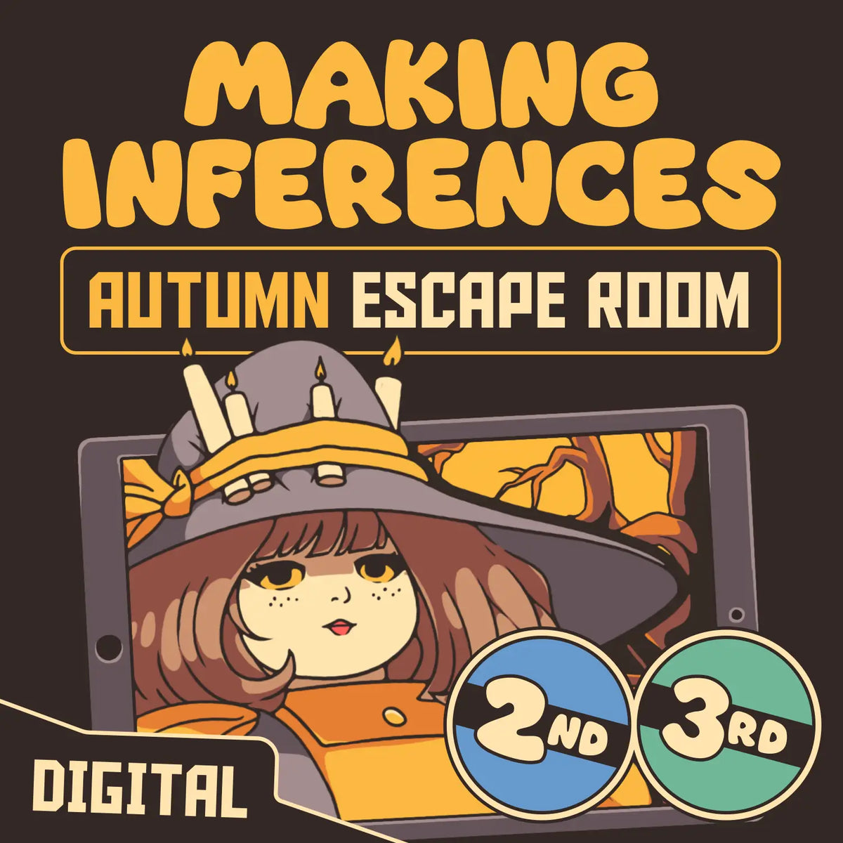 2nd & 3rd grade fall inferences escape room, featuring an autumn witch and iPad.
