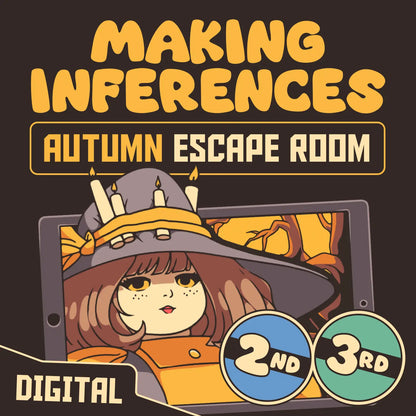2nd & 3rd grade fall inferences escape room, featuring an autumn witch and iPad.