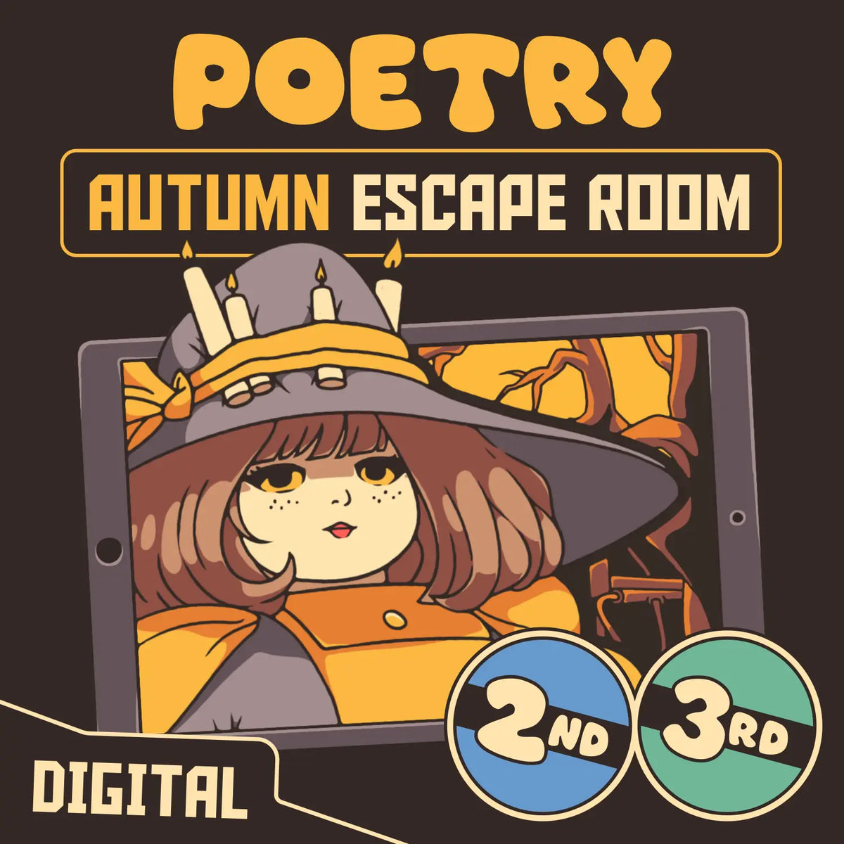 2nd & 3rd grade fall poetry escape room, featuring an autumn witch and iPad.
