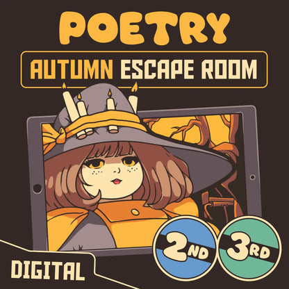 2nd & 3rd grade fall poetry escape room, featuring an autumn witch and iPad.