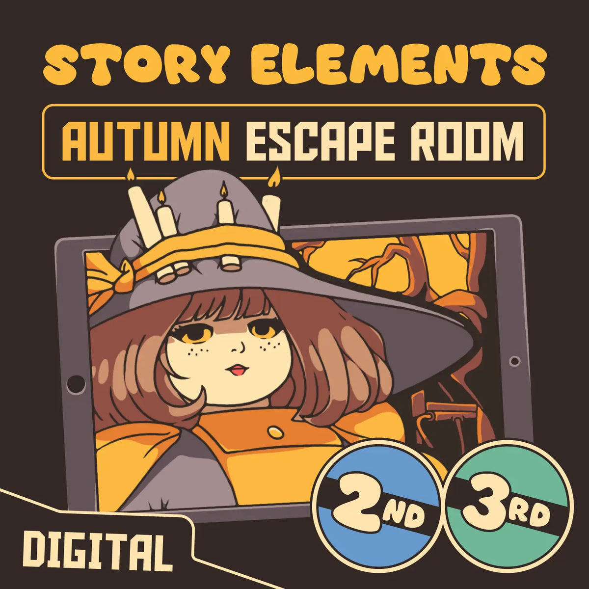 2nd & 3rd grade fall story elements escape room, featuring an autumn witch and iPad.