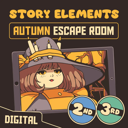 2nd & 3rd grade fall story elements escape room, featuring an autumn witch and iPad.