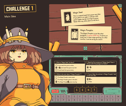 2nd grade fall main idea online game, with reading comprehension questions and a multiple-choice quiz.