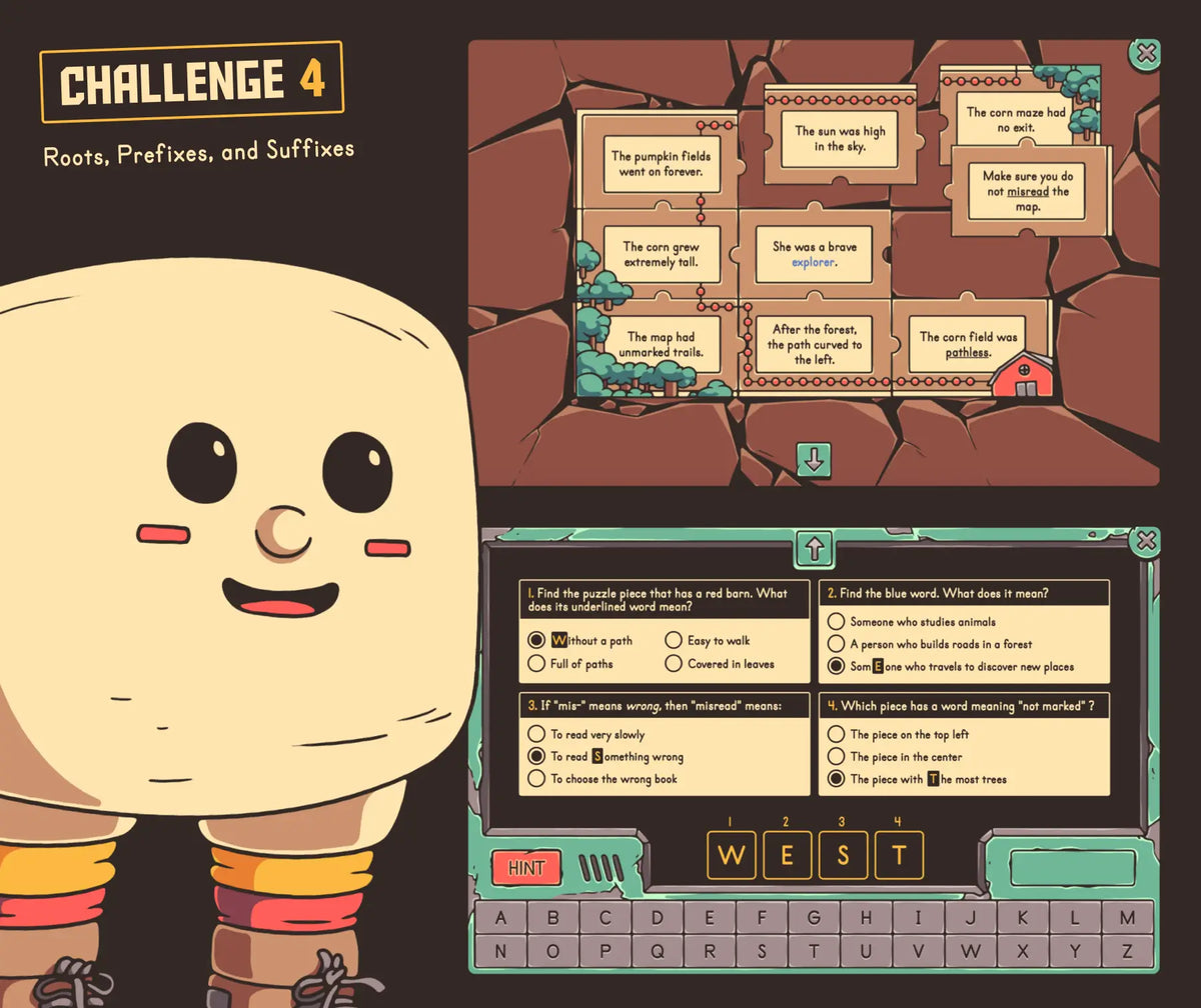 2nd and 3rd grade online fall reading game, with a focus on roots, prefixes, and suffixes.