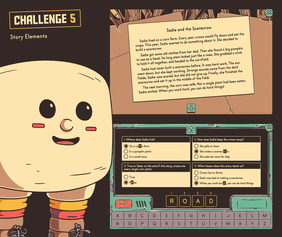 Digital fall story elements practice activity with a short reading passage and multiple-choice assessment.