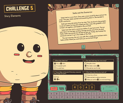 Digital fall story elements practice activity with a short reading passage and multiple-choice assessment.