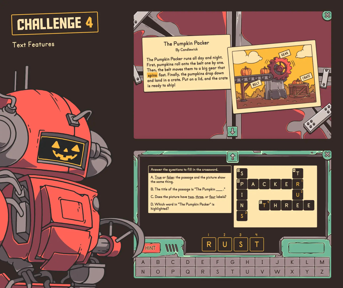 2nd grade online fall reading game, with a focus on text features and a crossword puzzle.