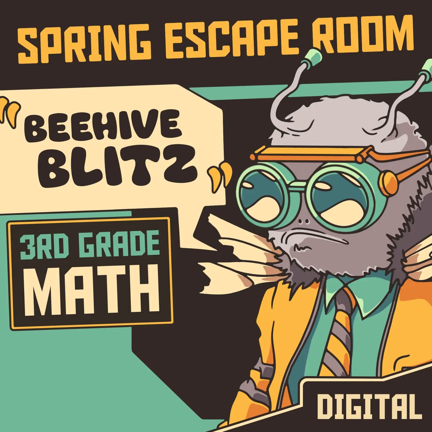 Dingo Punks digital spring escape room for 3rd grade math, entitled "Beehive Blitz."