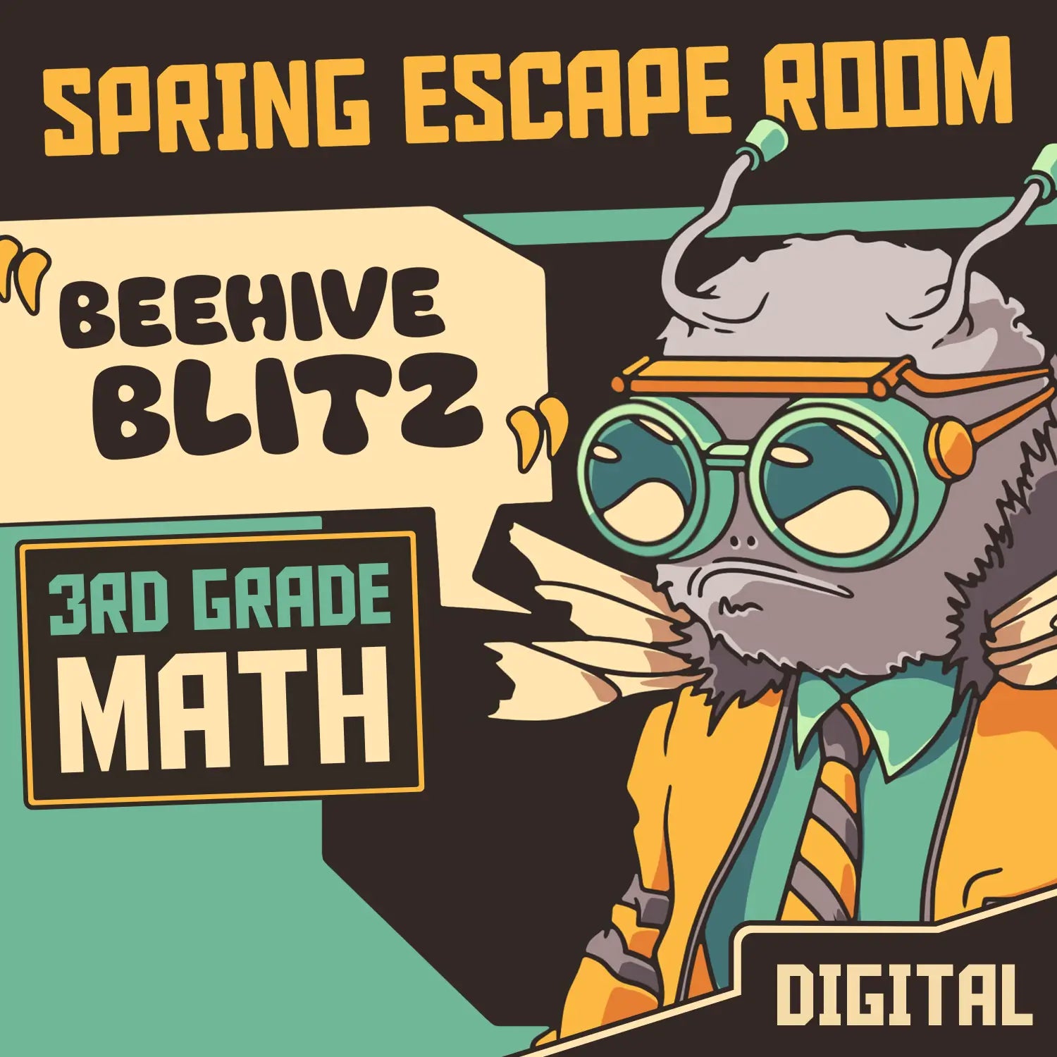 Dingo Punks digital spring escape room for 3rd grade math, entitled "Beehive Blitz."