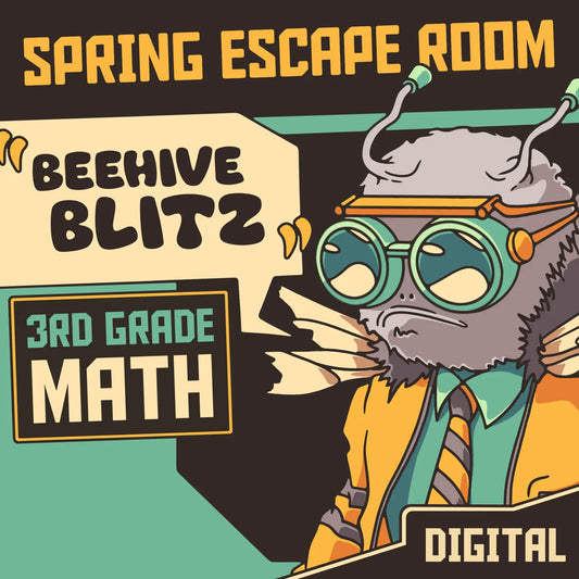 Dingo Punks digital spring escape room for 3rd grade math, entitled "Beehive Blitz."