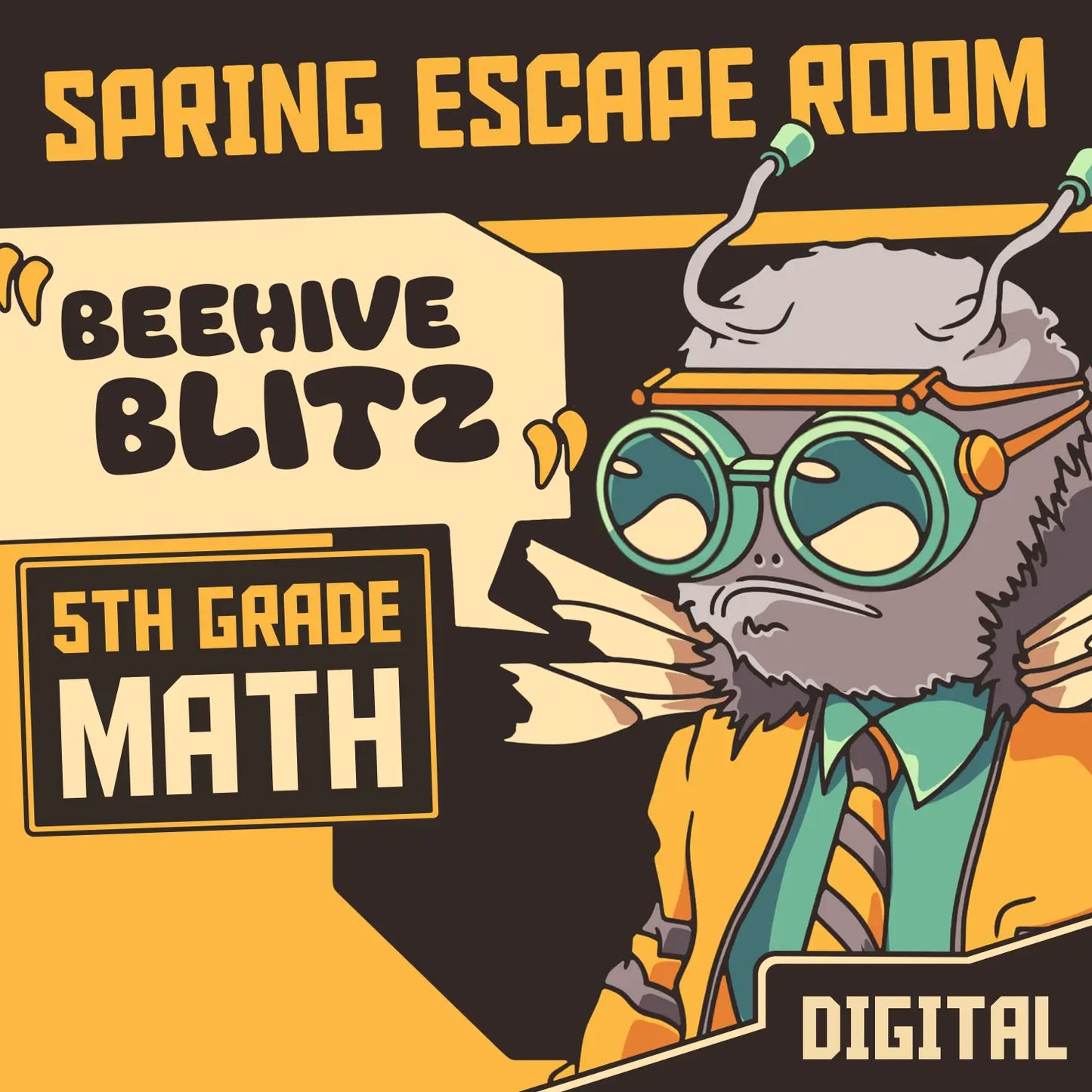 Dingo Punks digital spring escape room for 5th grade math, entitled "Beehive Blitz."