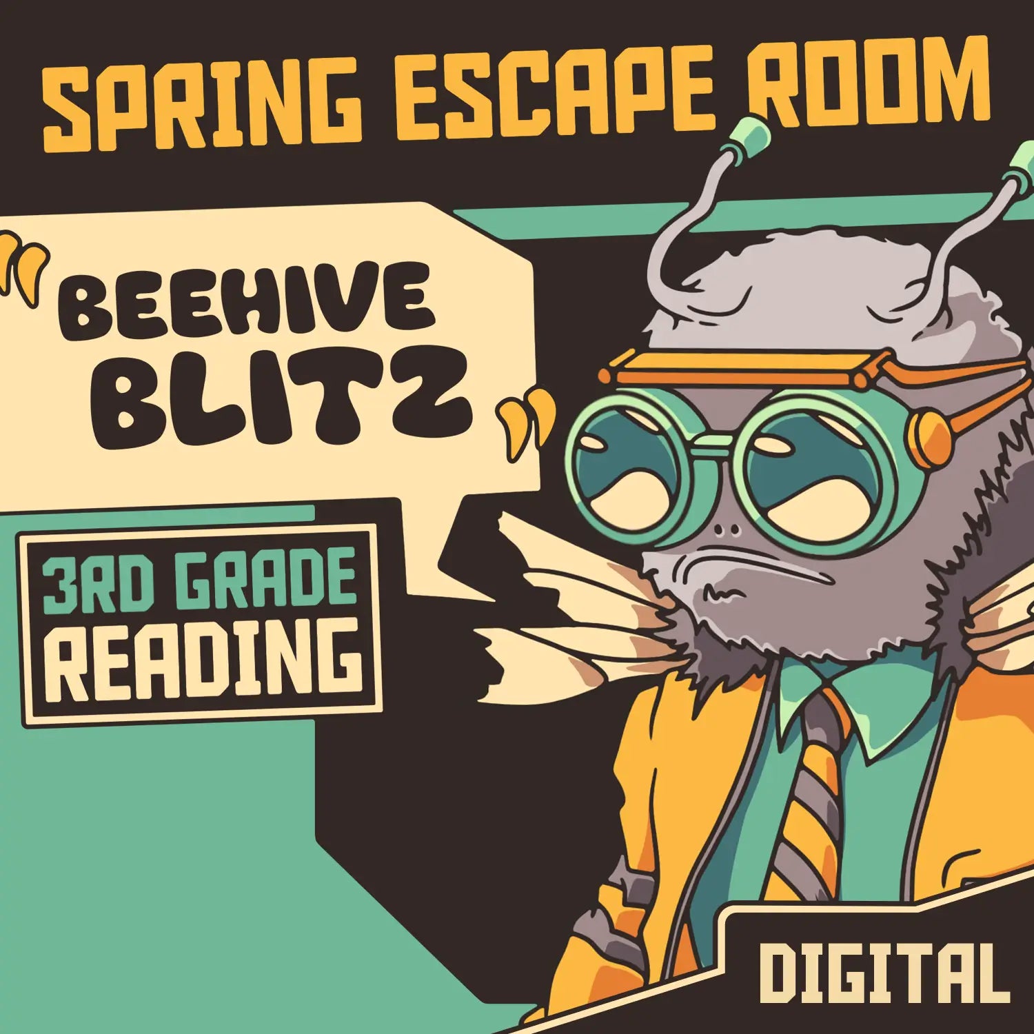 Digital spring escape room for 3rd grade reading comprehension, titled "Dingo Punks: Beehive Blitz."