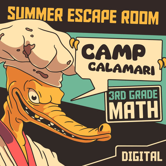 3rd grade summer escape room for math test prep, called "Dingo Punks: Camp Calamari."